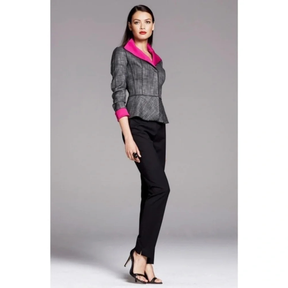 Lafayette 148 New York Gray Plaid Blazer with Bright Pink Trim